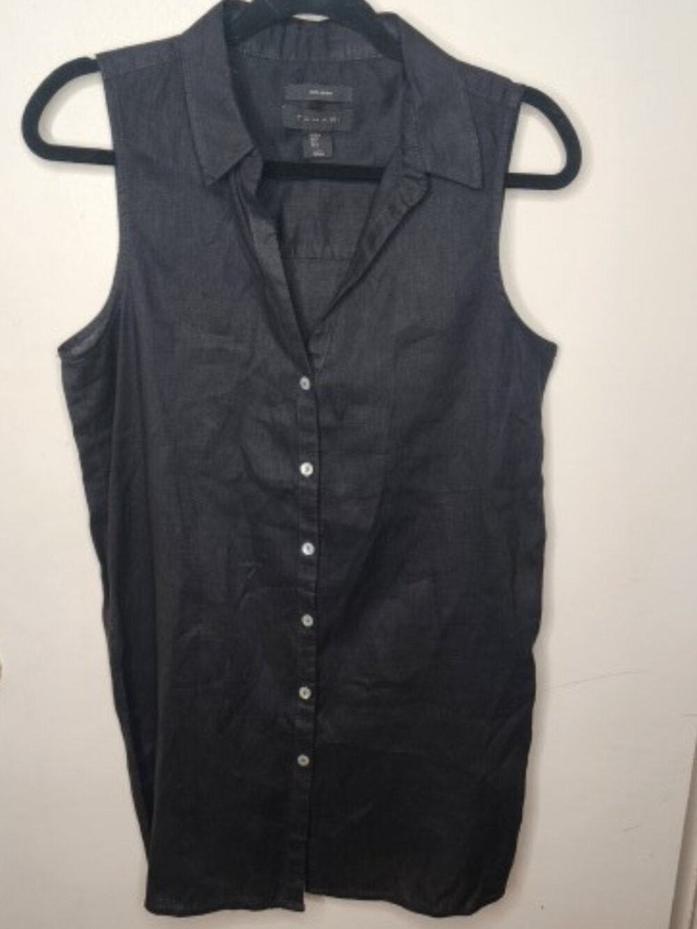 Tahari Women's Black 100% Linen Sleeveless Collared Button Front Top Size S